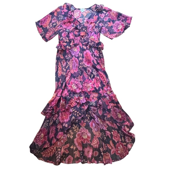 Johnny Was Silk Luxee Ruffle Maxi Dress Purple & Red High Low Bohemian Size XL - Picture 1 of 13
